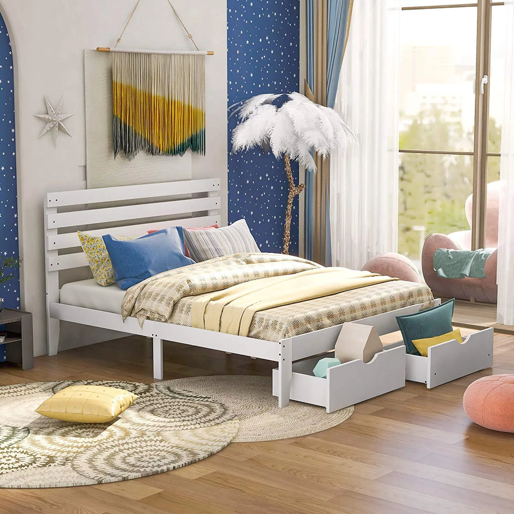 White Twin Wood Platform Bed with Storage Drawer D54928