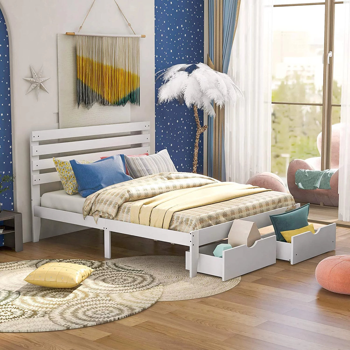 White Twin Wood Platform Bed with Storage Drawer D54928