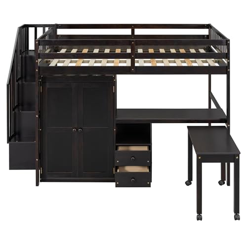 Gray Twin Size Wood Loft Bed with Stairs and Bookshelf R563