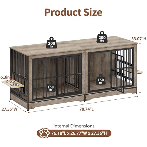 75'' Double Dog Crate Furniture with Double Door Grey C53217