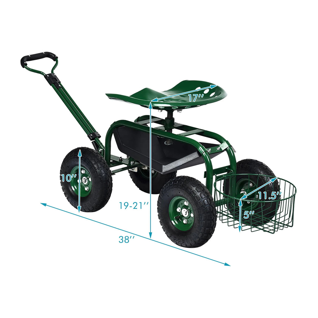 Green Garden Cart Rolling Work Seat with Tray Basket X642