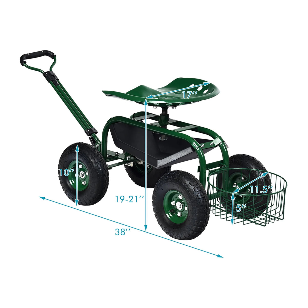 Green Garden Cart Rolling Work Seat with Tray Basket X642