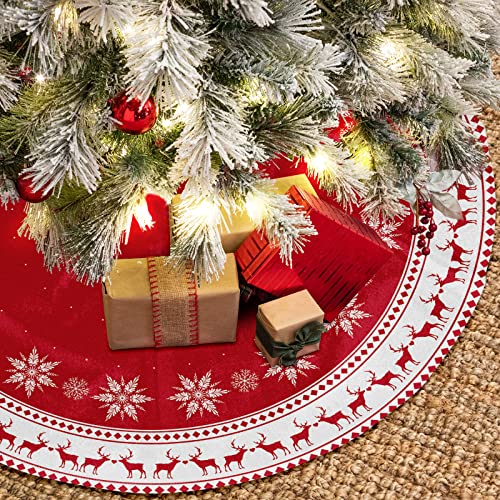Christmas Tree Skirt 48 inch Snowflake Reindeer Red I45593