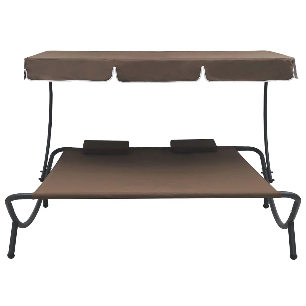 Brown Fabric Steel Outdoor Lounge Bed with Canopy and Pillows C7799