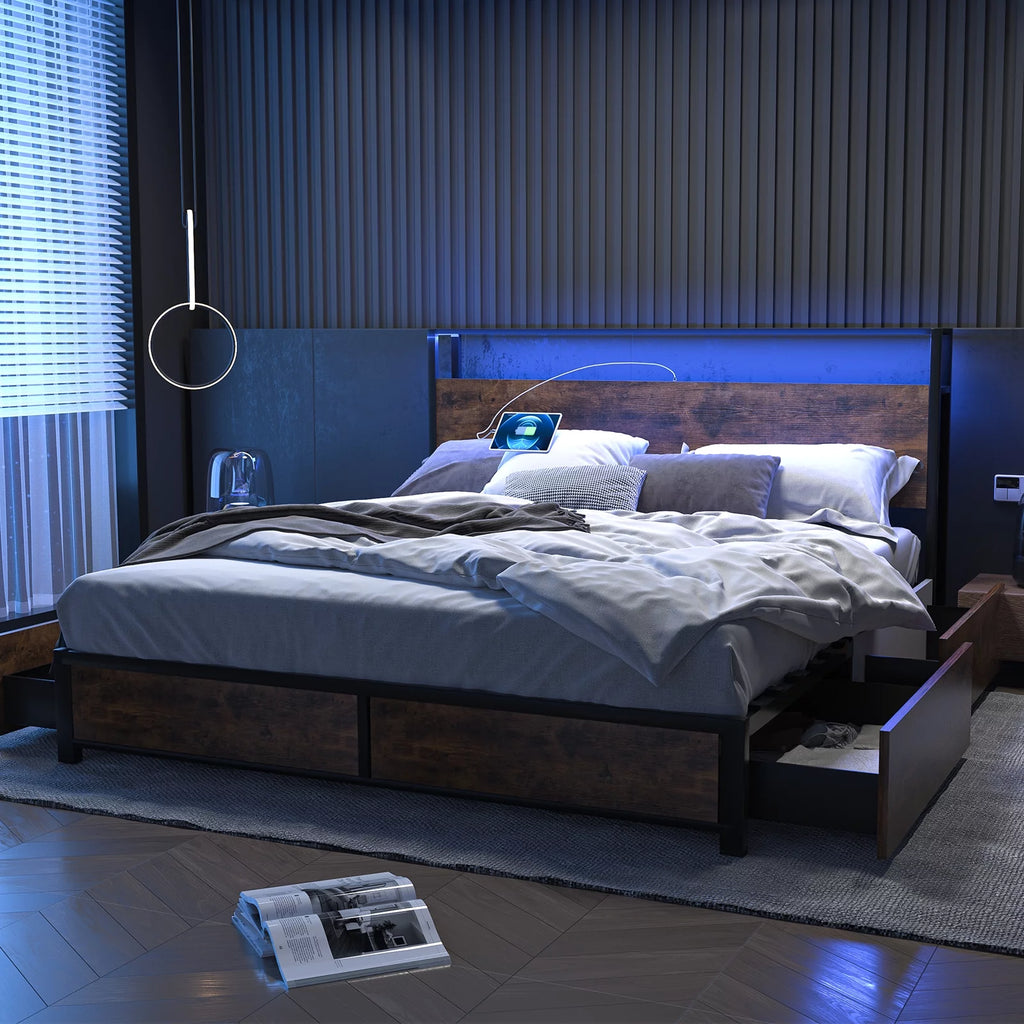 Queen Size LED Metal Bed Frame with 4 Storage Drawers and Headboard N7221