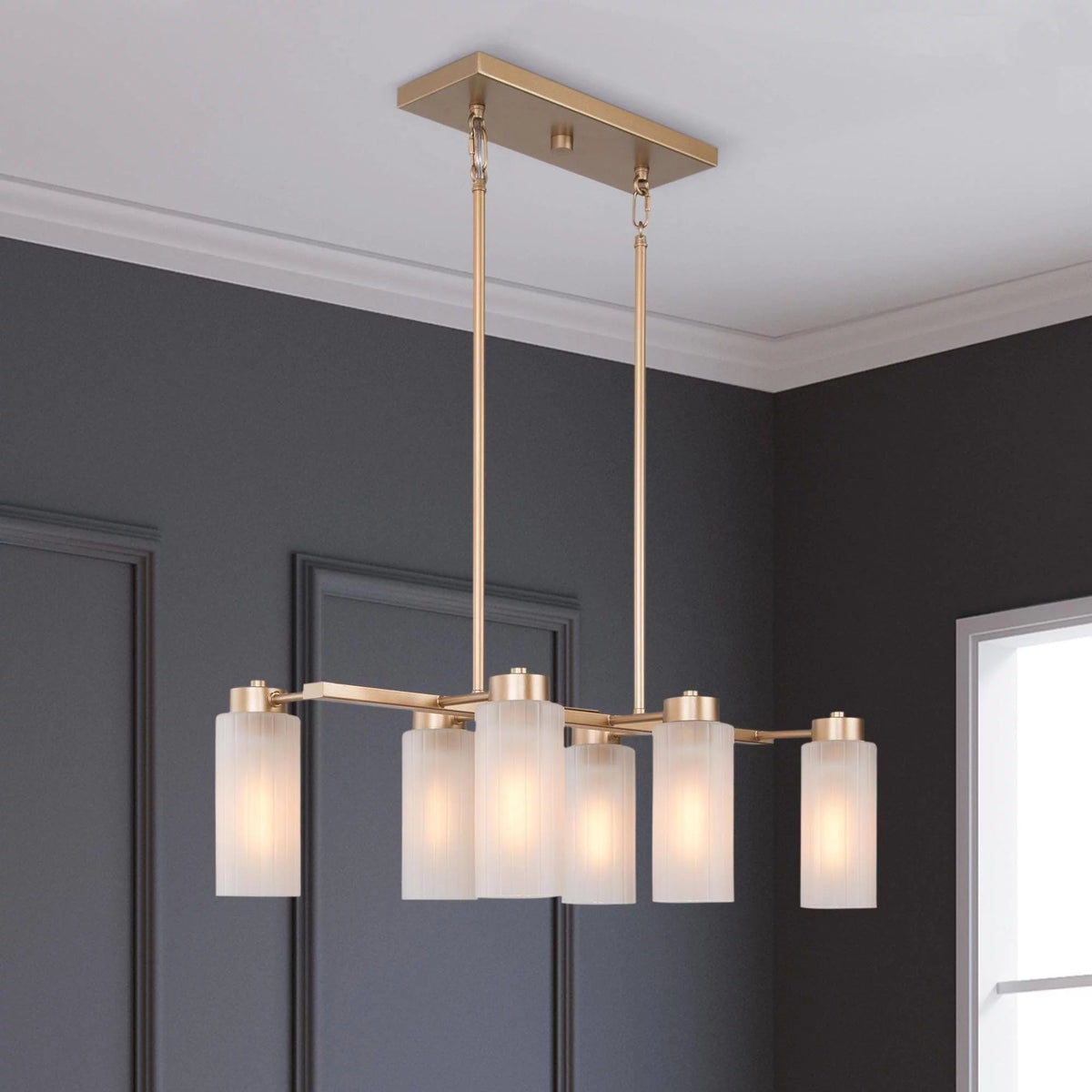 Mid-century Modern 6-Light Gold Linear Chandelier Glass Island Lights H592
