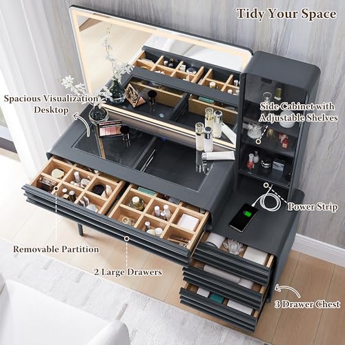 48" Glass Top Makeup Vanity Desk with Lighted Mirror and 5 Drawers K2937