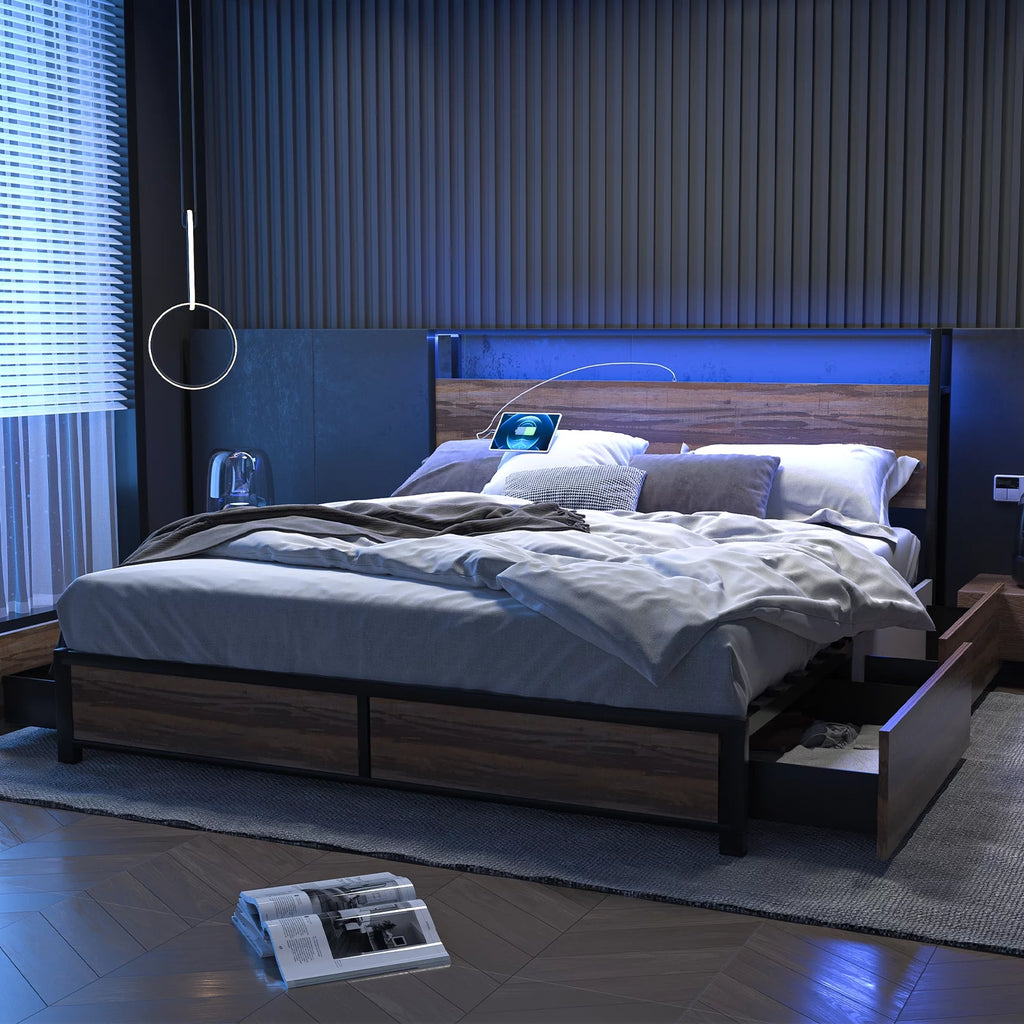 Queen Size LED Metal Bed Frame with 4 Storage Drawers and Headboard N7221