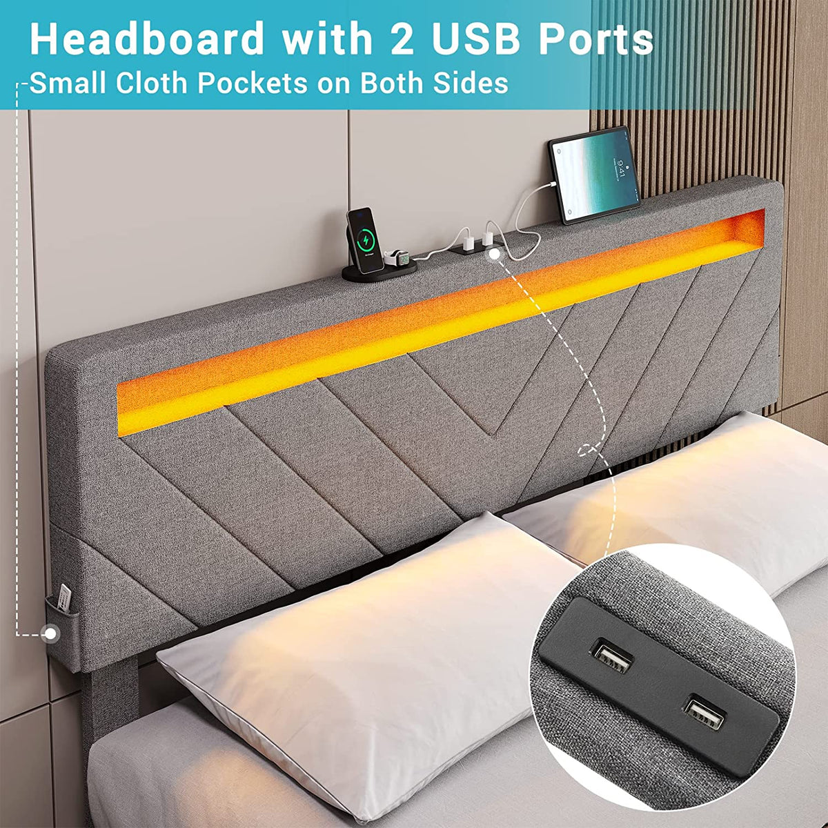 Queen Bed Frame with 2 USB Charging Station & 4 Storage Drawers, LED Upholstered, Dark Grey Y890