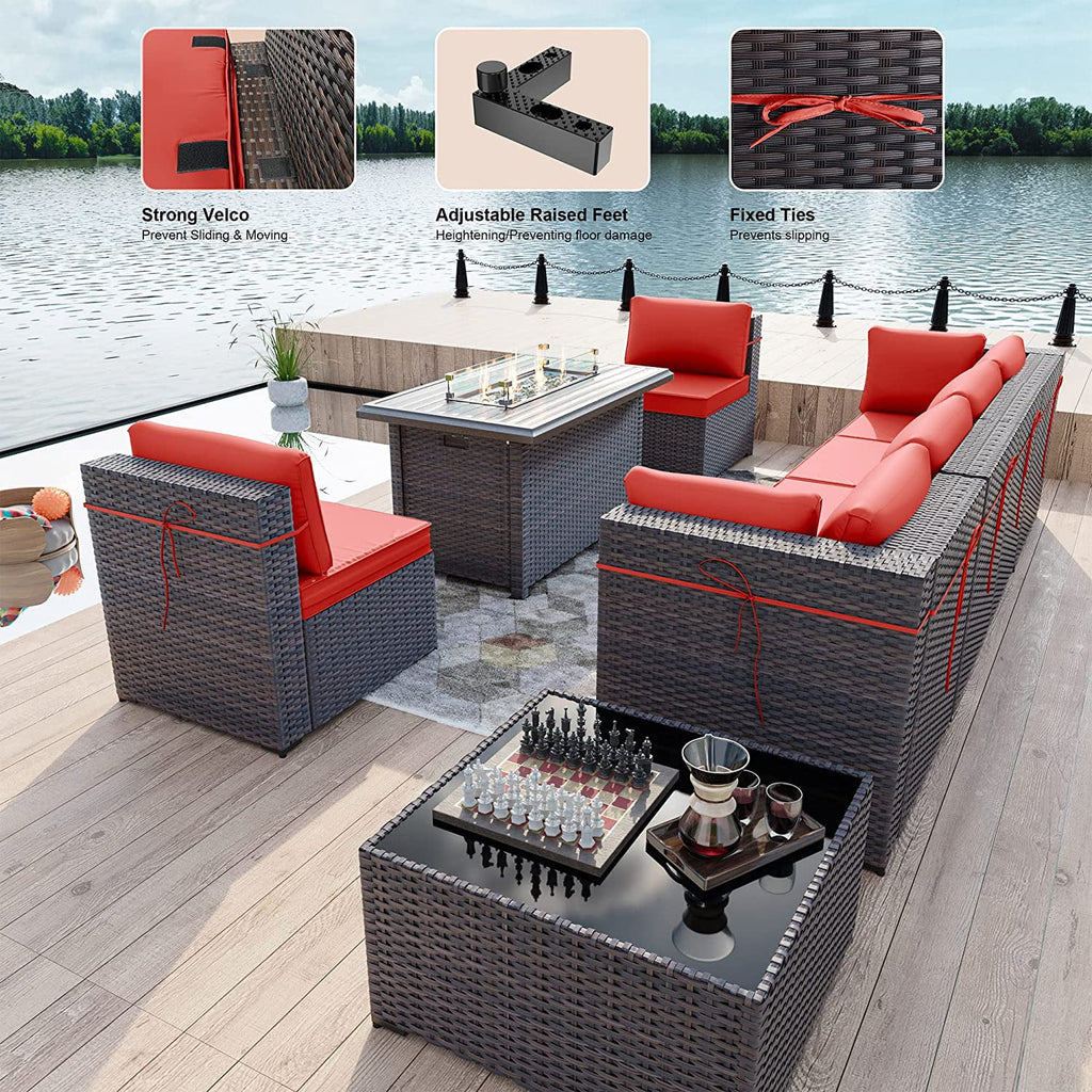 8 Pieces PE Wicker Rattan Outdoor Furniture Set with Fire Pit Table V25845