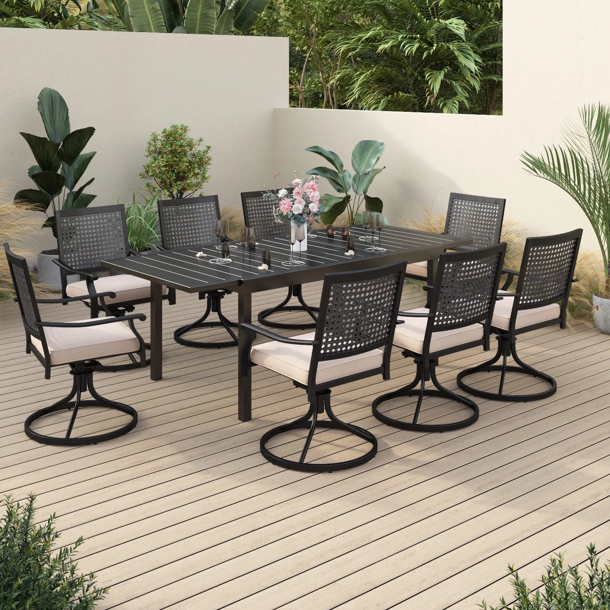 9 Piece Outdoor Patio Dining Set with Swivel Chairs and Expandable Table E9160