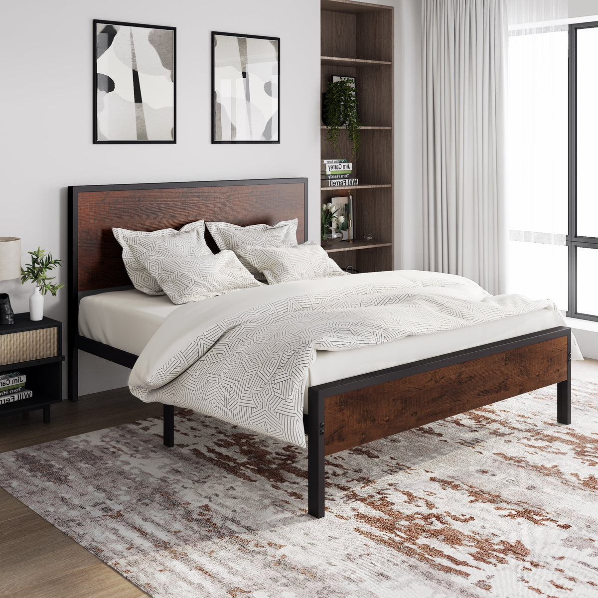 Queen Size Black Oak Headboard Bed Frame X798