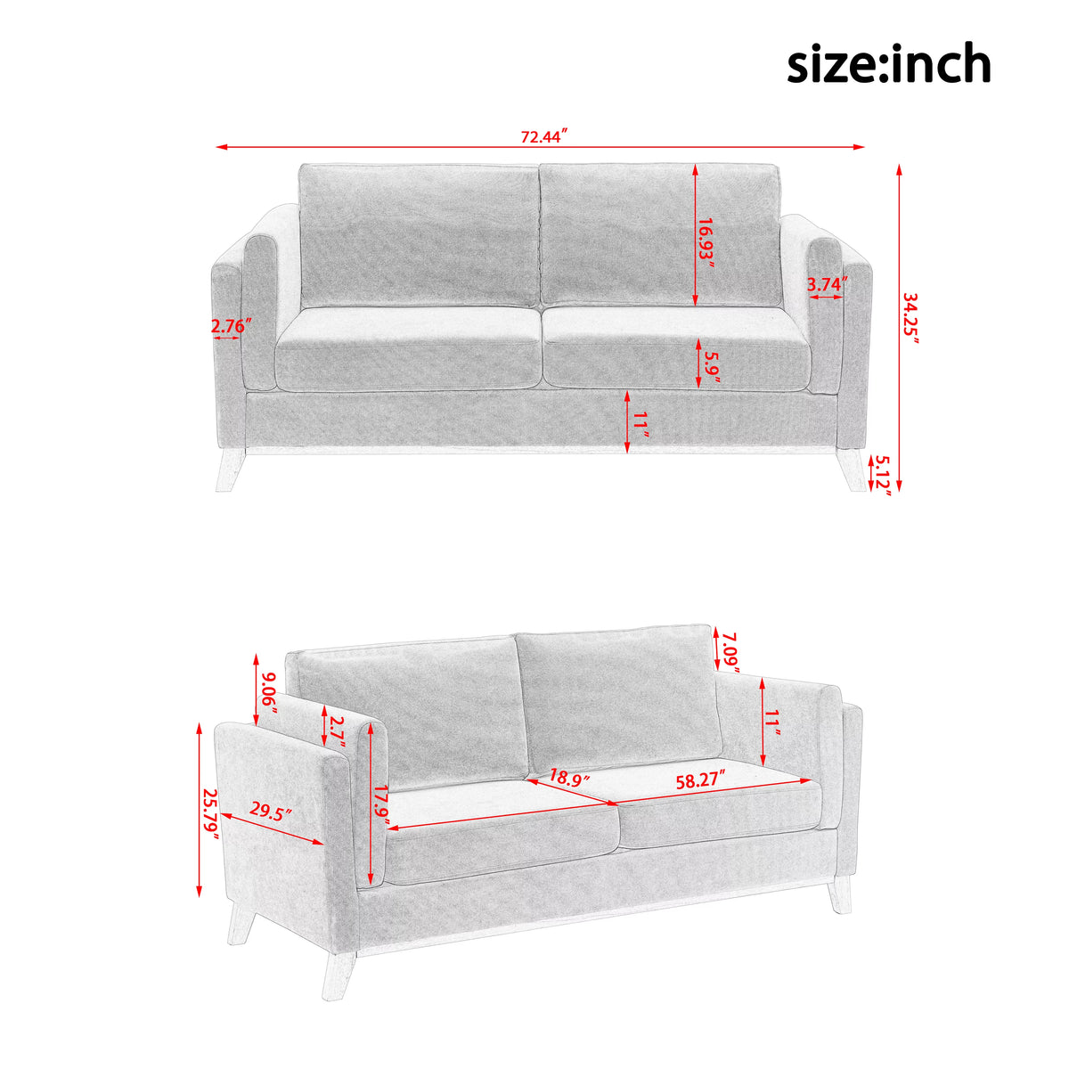 Chenille Fabric 2-Seater Upholstered Sofa Couch with Solid Wood Legs M30061