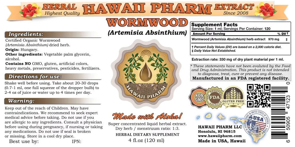 Organic Wormwood Herbal Supplement 2 oz W6090