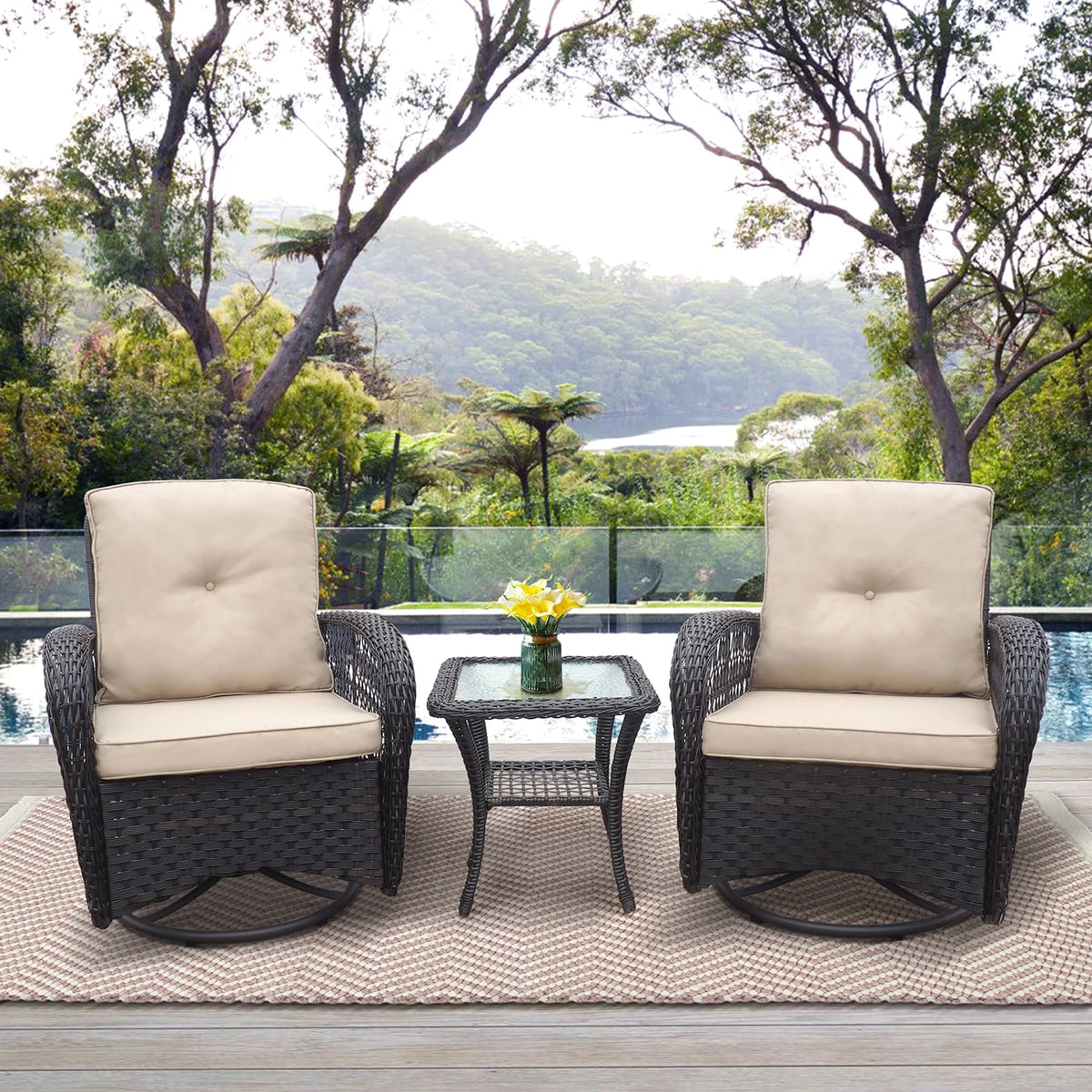 Khaki Wicker Swivel Rocker Chairs with Table Y867