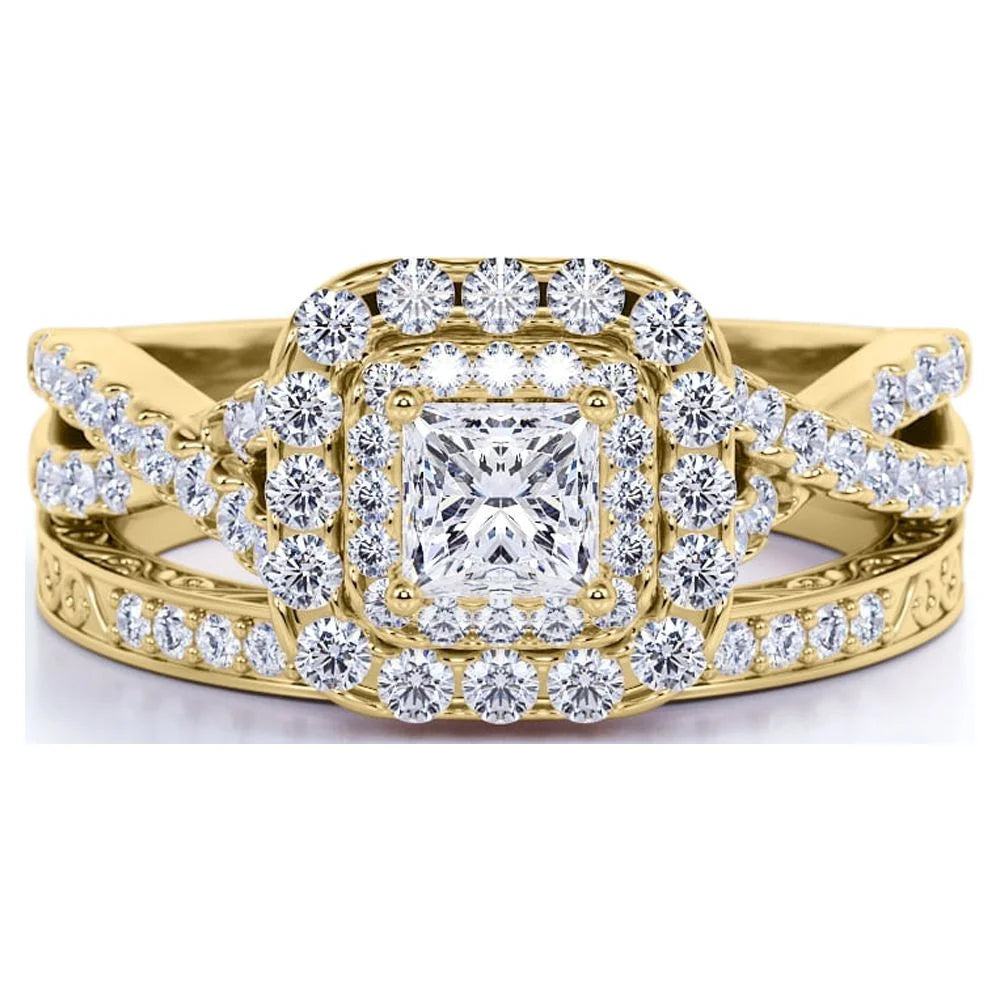 1.25 ct Square Moissanite Double Halo Wedding Ring Set in Yellow Gold over Silver J197398