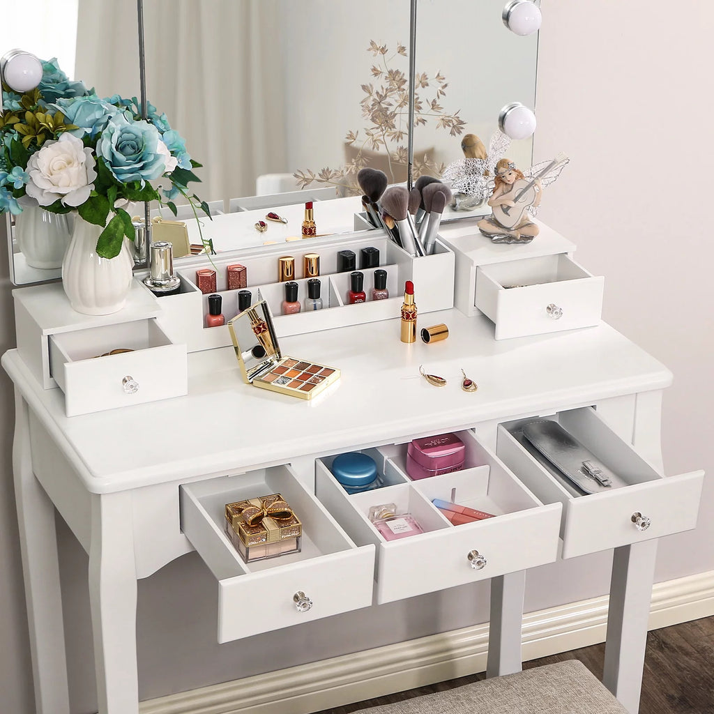 White Vanity Set with Lighted Tri-Folding Mirror 5 Drawers and Stool W261825