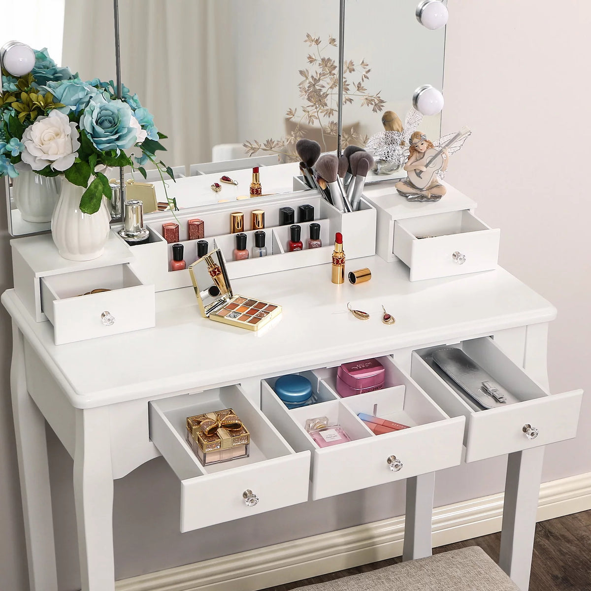 White Vanity Set with Lighted Tri-Folding Mirror 5 Drawers and Stool W261825