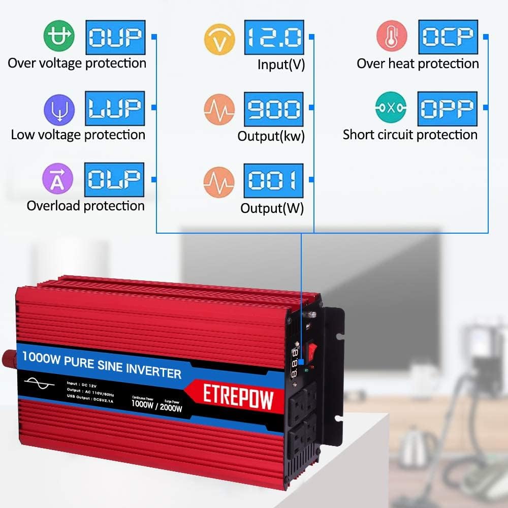 1000 Watt Pure Sine Wave Power Inverter 12V DC to 110V AC Q809