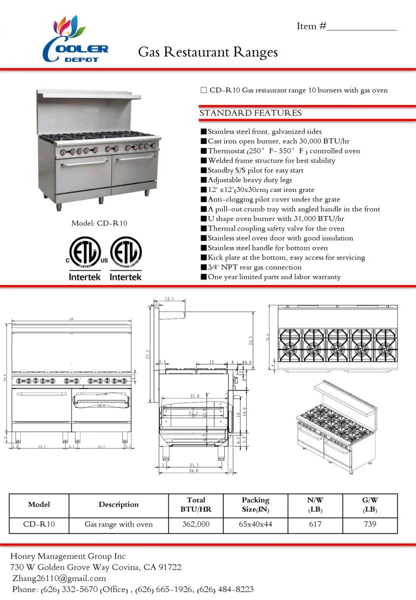 60"W 10 Burners 2 Ovens Commercial Range & Oven Natural Gas and Propane Stainless Steel 362000 BTU L670899