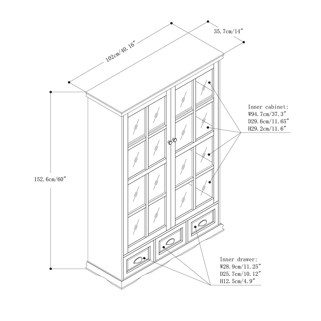 Black Storage Cabinet with Tempered Glass Doors and Triple Drawers M7214
