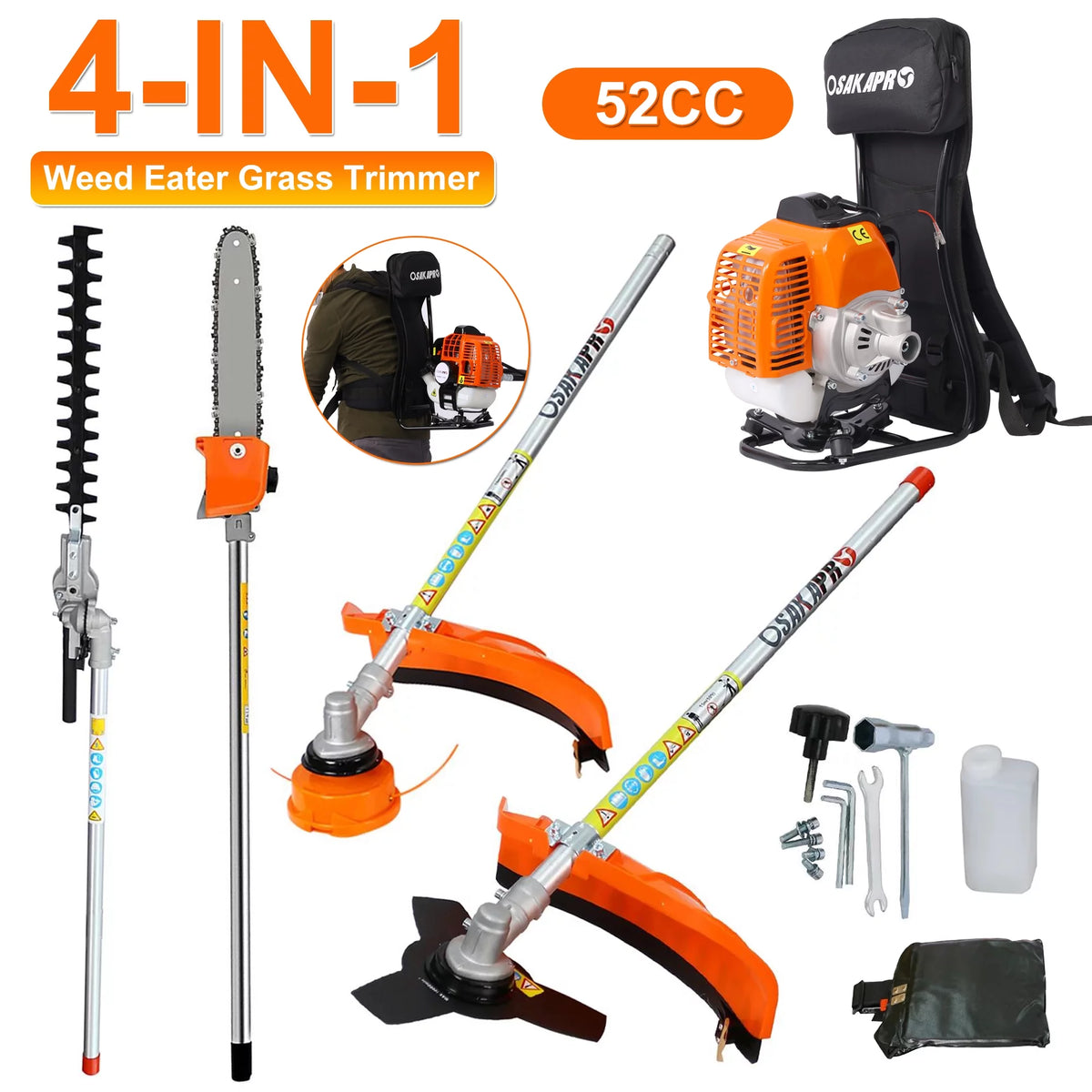 4 in 1 Gas String Trimmer with Pole Saw, Hedge Trimmer and Brush Cutter, 33CC 2-Cycle L484