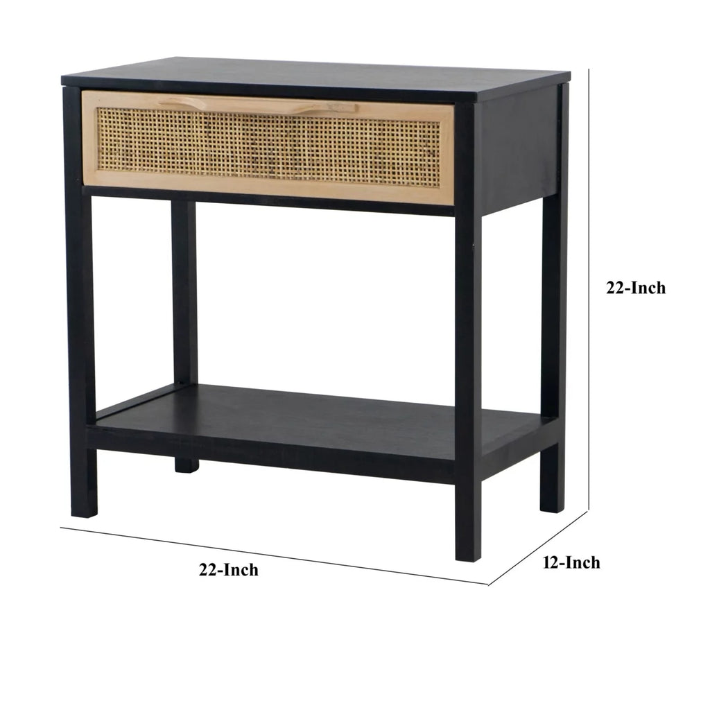 22 Inch Pine Wood Woven Rattan 1 Drawer Accent Side Table H796134