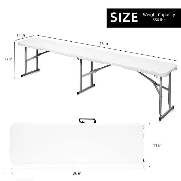 Foldable 6 Foot White Plastic and Steel Bench H8353