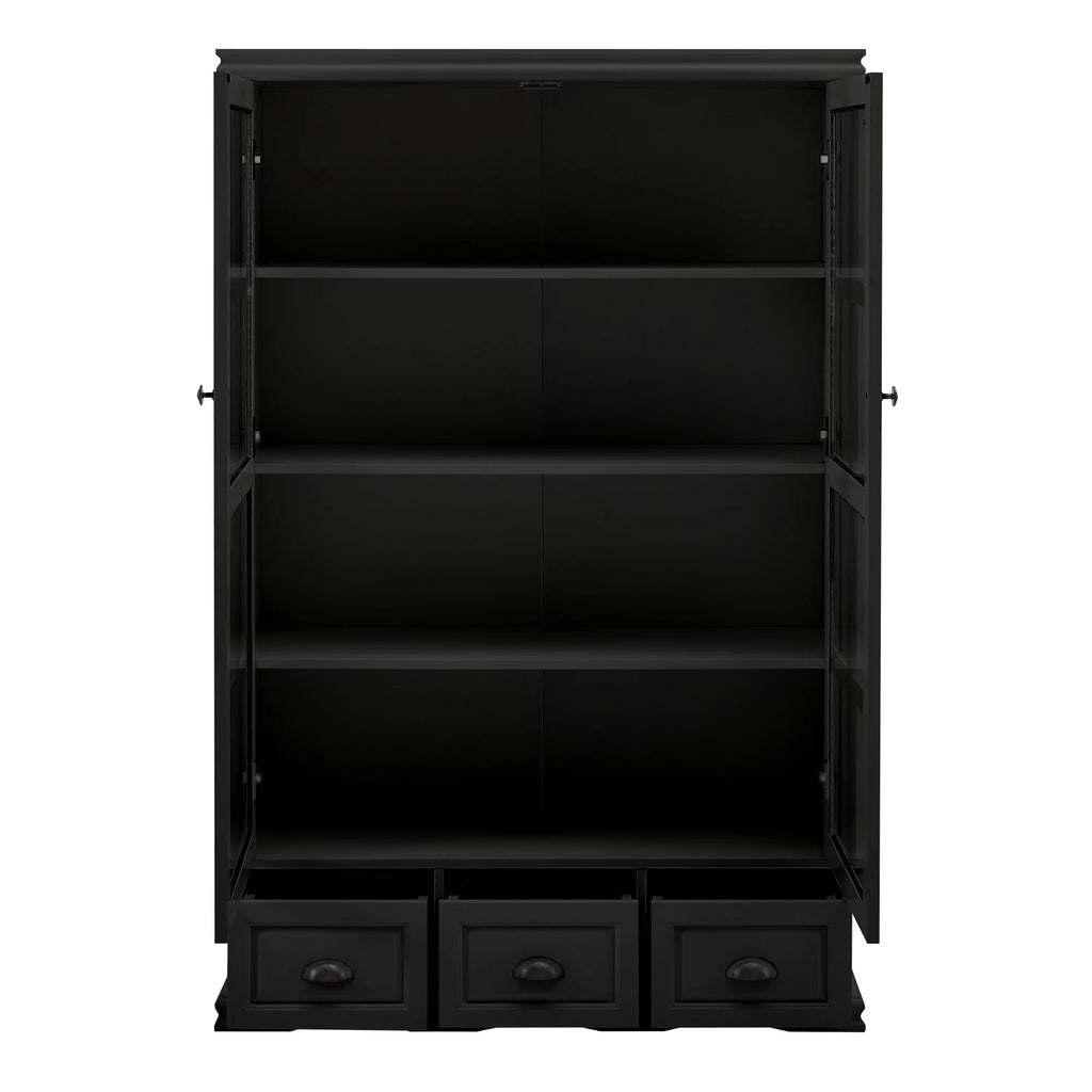 Black Storage Cabinet with Tempered Glass Doors and Triple Drawers M7214