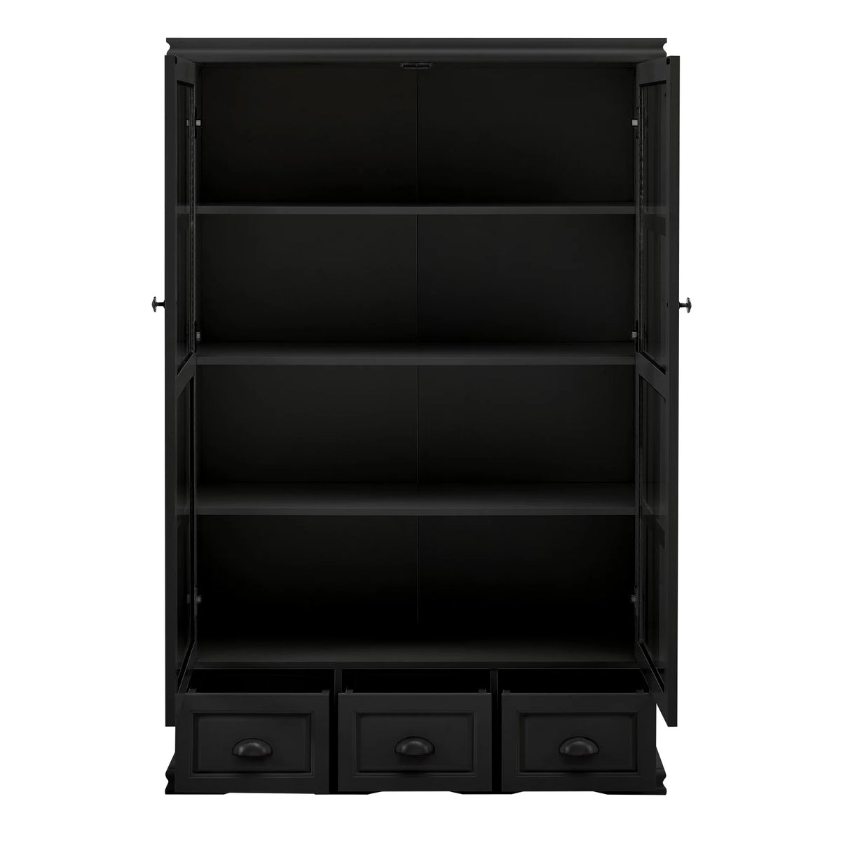Black Storage Cabinet with Tempered Glass Doors and Triple Drawers M7214