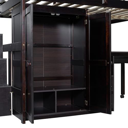 Gray Twin Size Wood Loft Bed with Stairs and Bookshelf R563