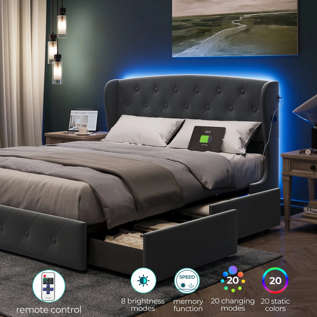 Queen Size Upholstered Platform Bed Frame with Headboard and 4 Storage Drawers V524