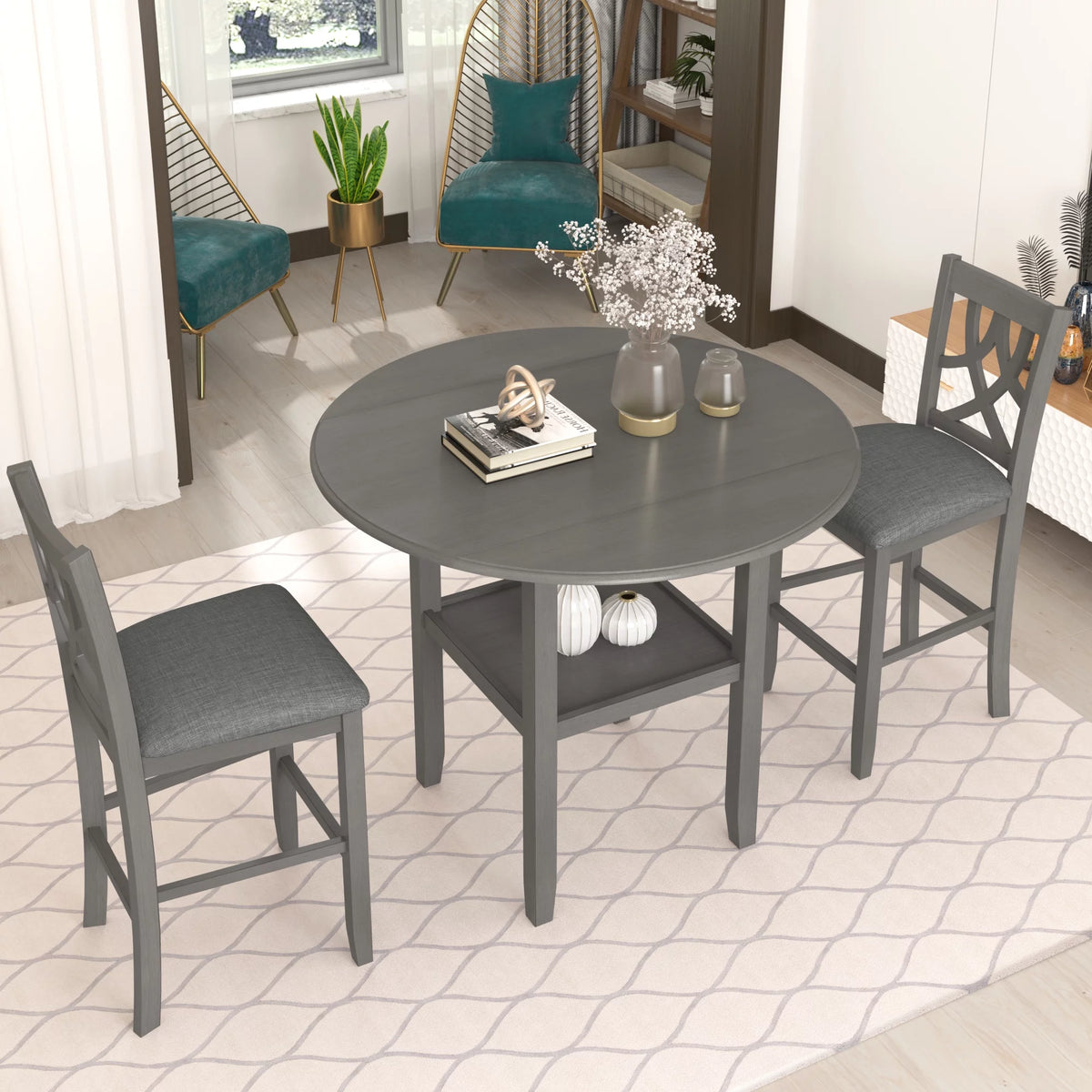3 Piece Round Drop Leaf Dining Table Set with 2 Chairs N7237