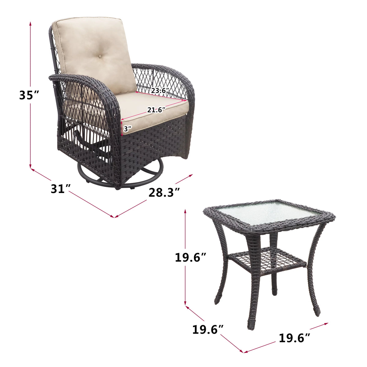 Khaki Wicker Swivel Rocker Chairs with Table Y867