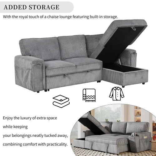 96.1" L-Shape Convertible Sleeper Sectional Sofa with Pull-Out Bed, Storage Chaise and 2 Cup Holders, Corduroy Gray P292217