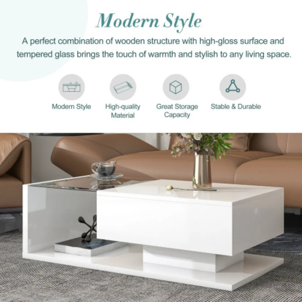 White 2-Tier Tempered Glass Coffee Table Y906611