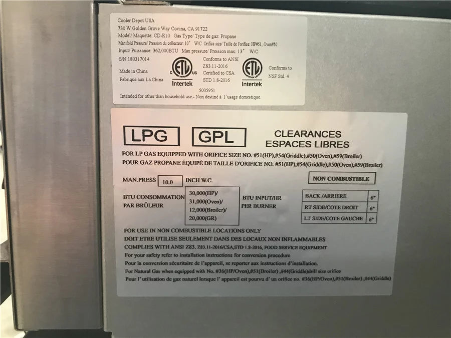60"W 10 Burners 2 Ovens Commercial Range & Oven Natural Gas and Propane Stainless Steel 362000 BTU L670899