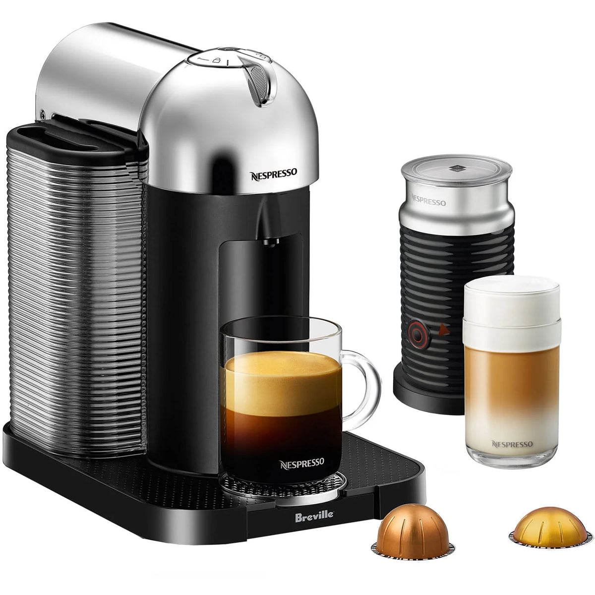 Chrome Coffee & Espresso Single-Serve Machine and Black Milk Frother E98453