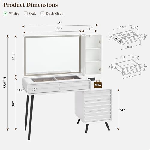 48" Glass Top Makeup Vanity Desk with Lighted Mirror and 5 Drawers K2937
