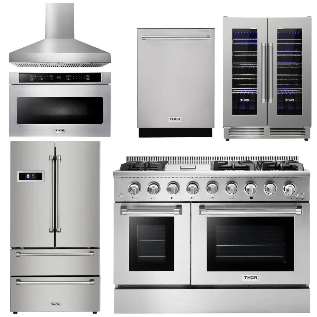 48 in. Gas Range, Range Hood, Refrigerator, Dishwasher, Microwave Drawer, Wine Cooler E575