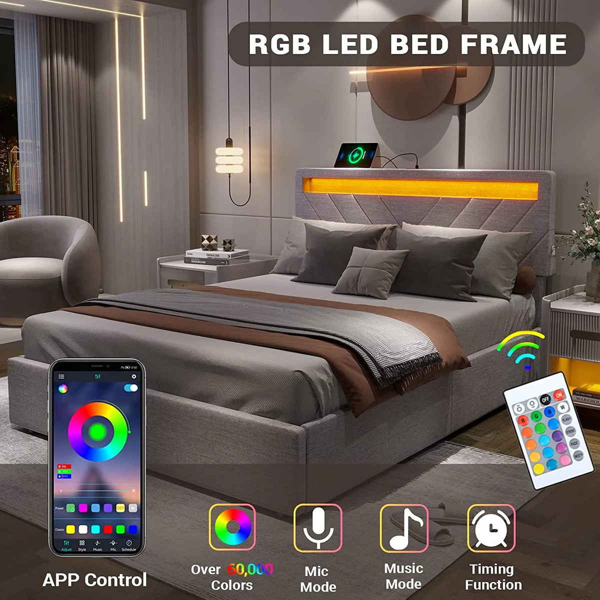 Queen Bed Frame with 2 USB Charging Station & 4 Storage Drawers, LED Upholstered, Dark Grey Y890