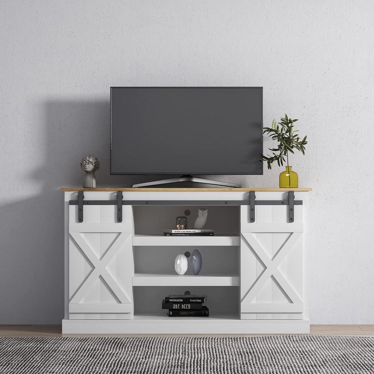 White Sliding Barn Door Wood TV Stand D919