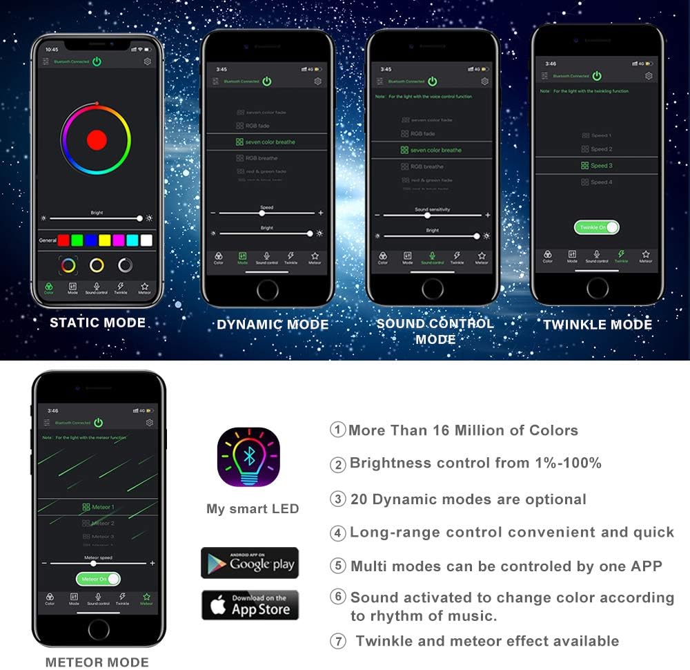 Bluetooth Controlled Twinkle LED Remote RGB 4-Speed Fiber Optic Star Ceiling Kit B2232