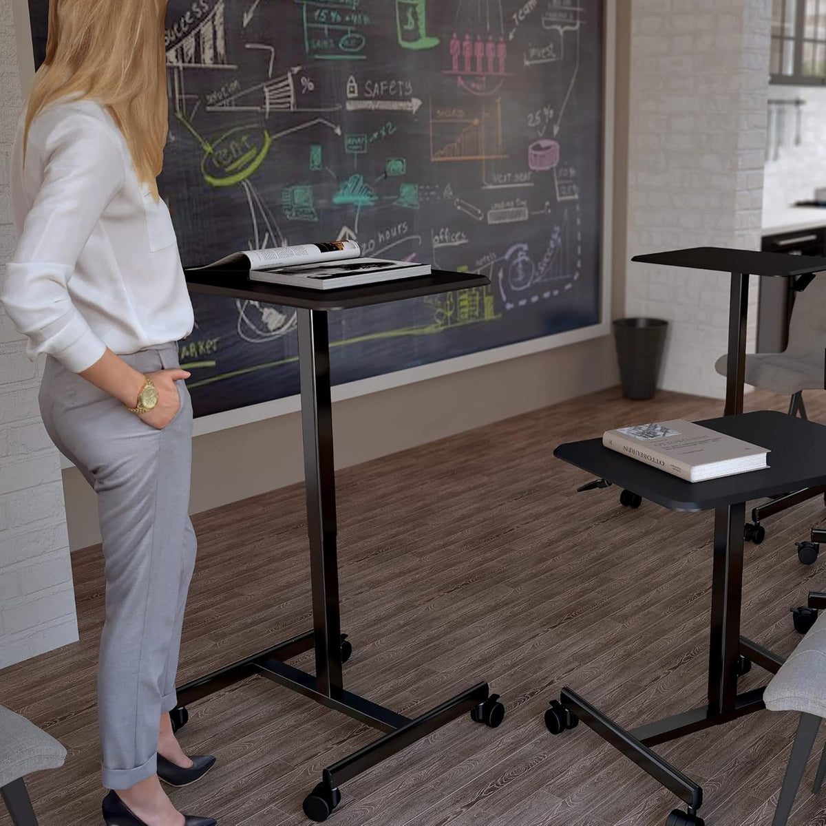 Mobile Desk Computer Desk with Lockable Wheels, Height Adjustable Laptop Cart G4050