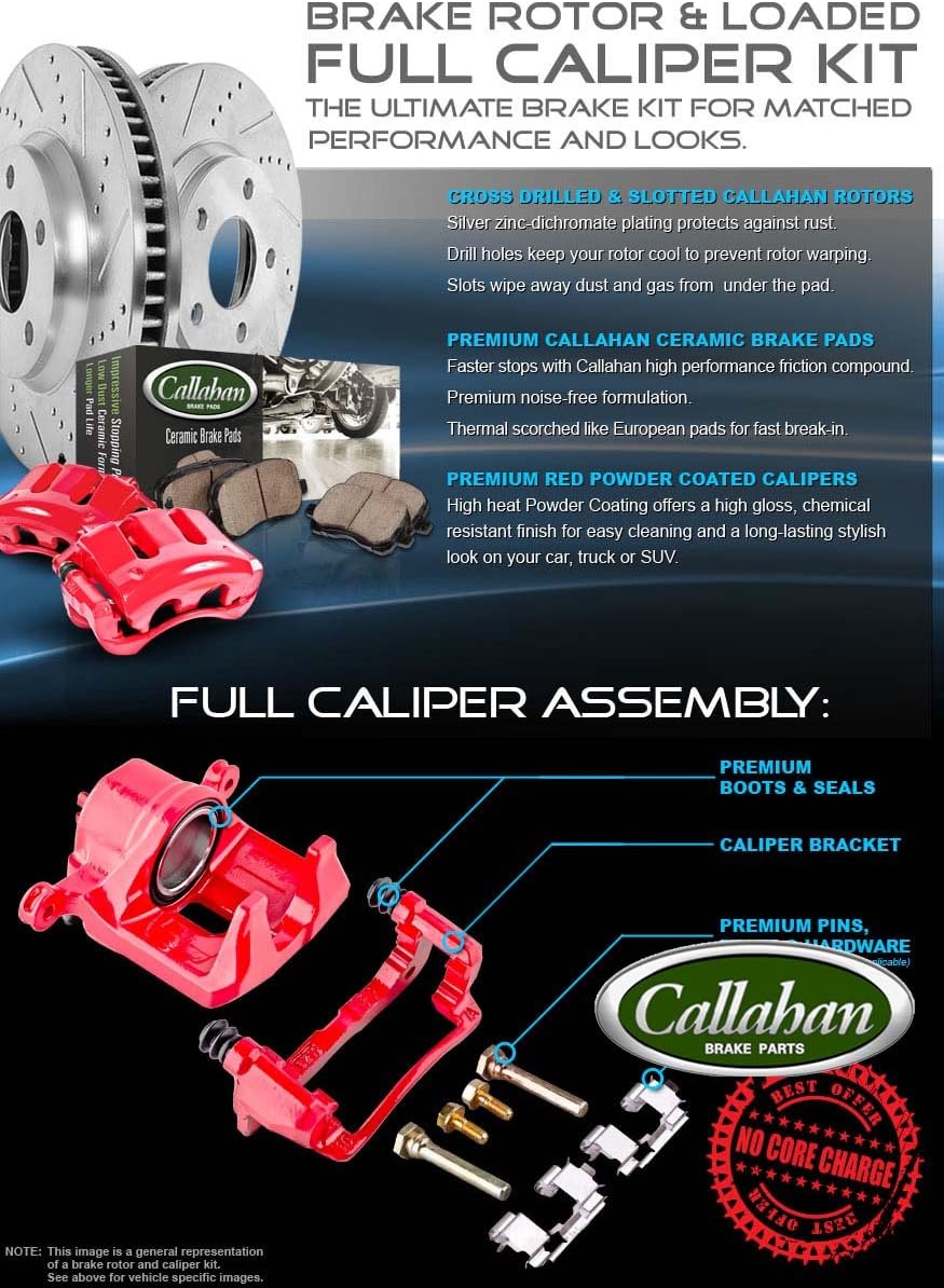 Powder Coated Red Calipers Drilled Slotted Rotors Ceramic Pads J78502