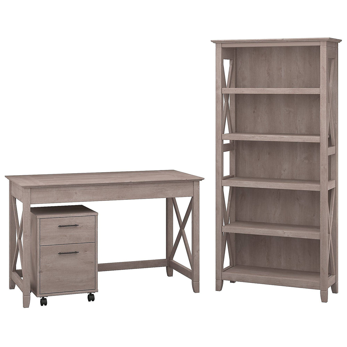Washed Gray Writing Desk with 2 Drawer Pedestal and 5 Shelf Bookcase Z683
