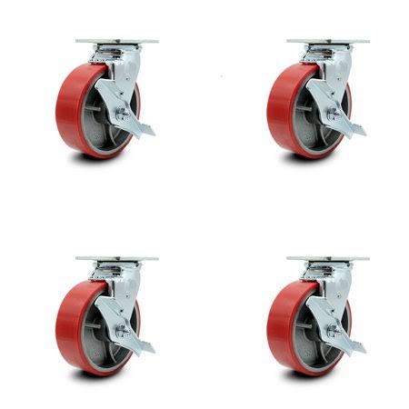 Red Poly Swivel Caster Set 4 with 6x22 Wheel and Side Lock Brake C949745