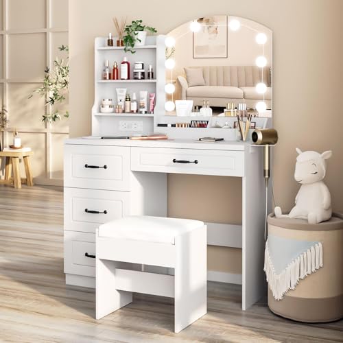 White Makeup Vanity Desk with Lights and Charging Station J98536