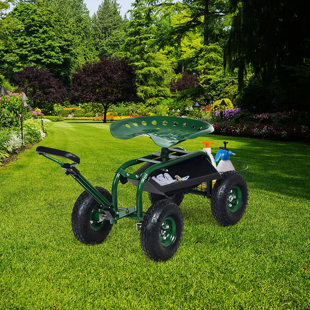 Green Garden Cart Rolling Work Seat with Tray Basket X642