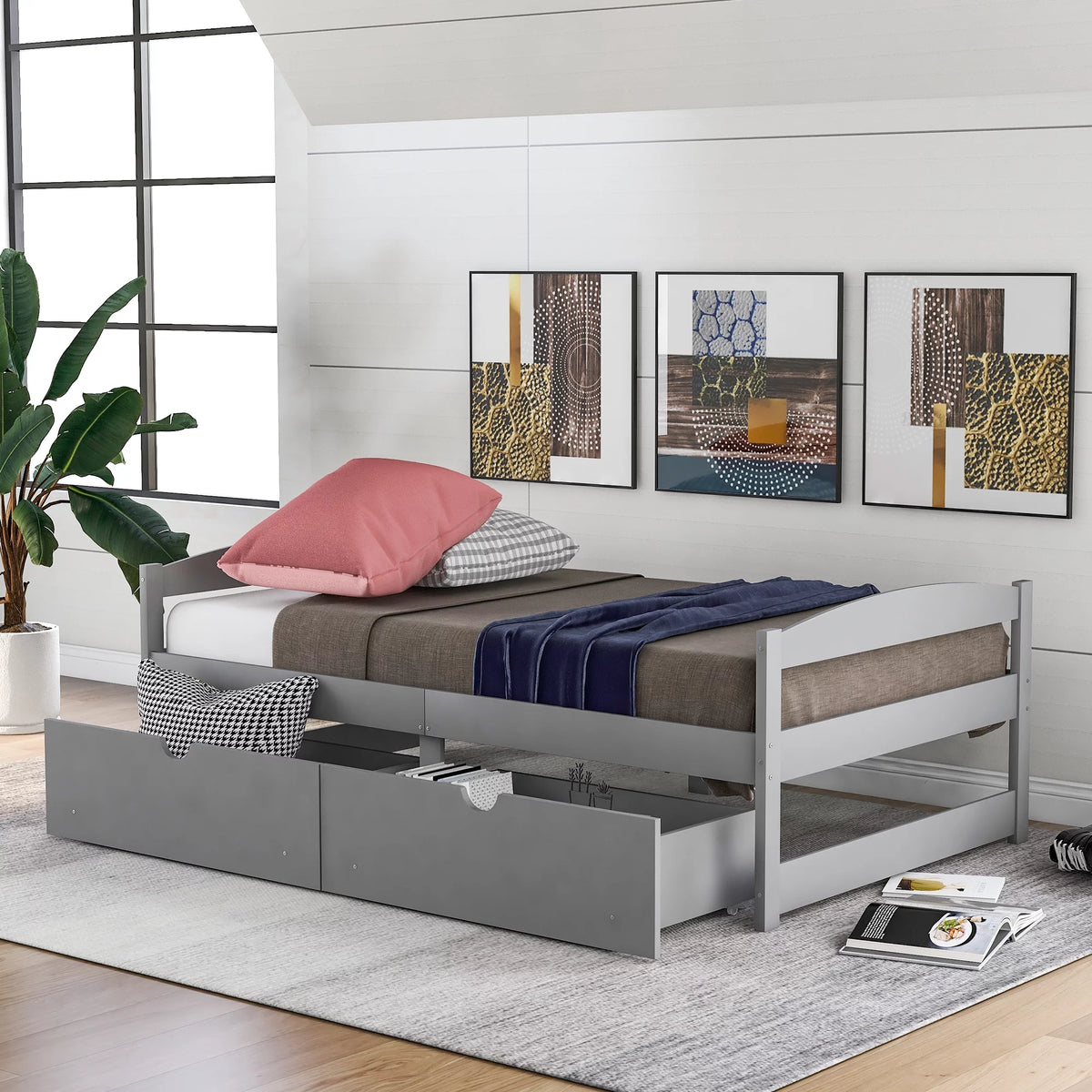White Twin Storage Bed Frame with Drawers U7201